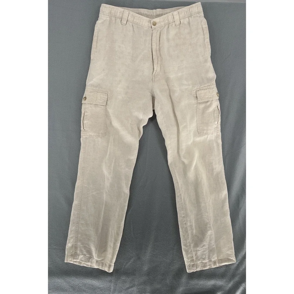 Caribbean Mens Cargo Pants 32x30 100% Linen‎ Straight Drawstring Relaxed Fit
